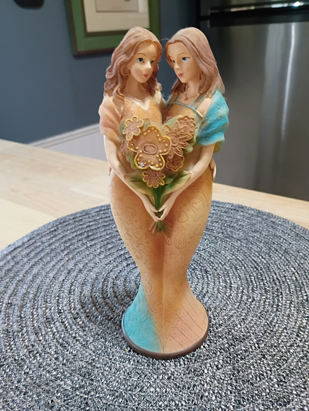 Handcrafted Dual-Figure Sisters Home Art Sculpture in Peach and Turquoise